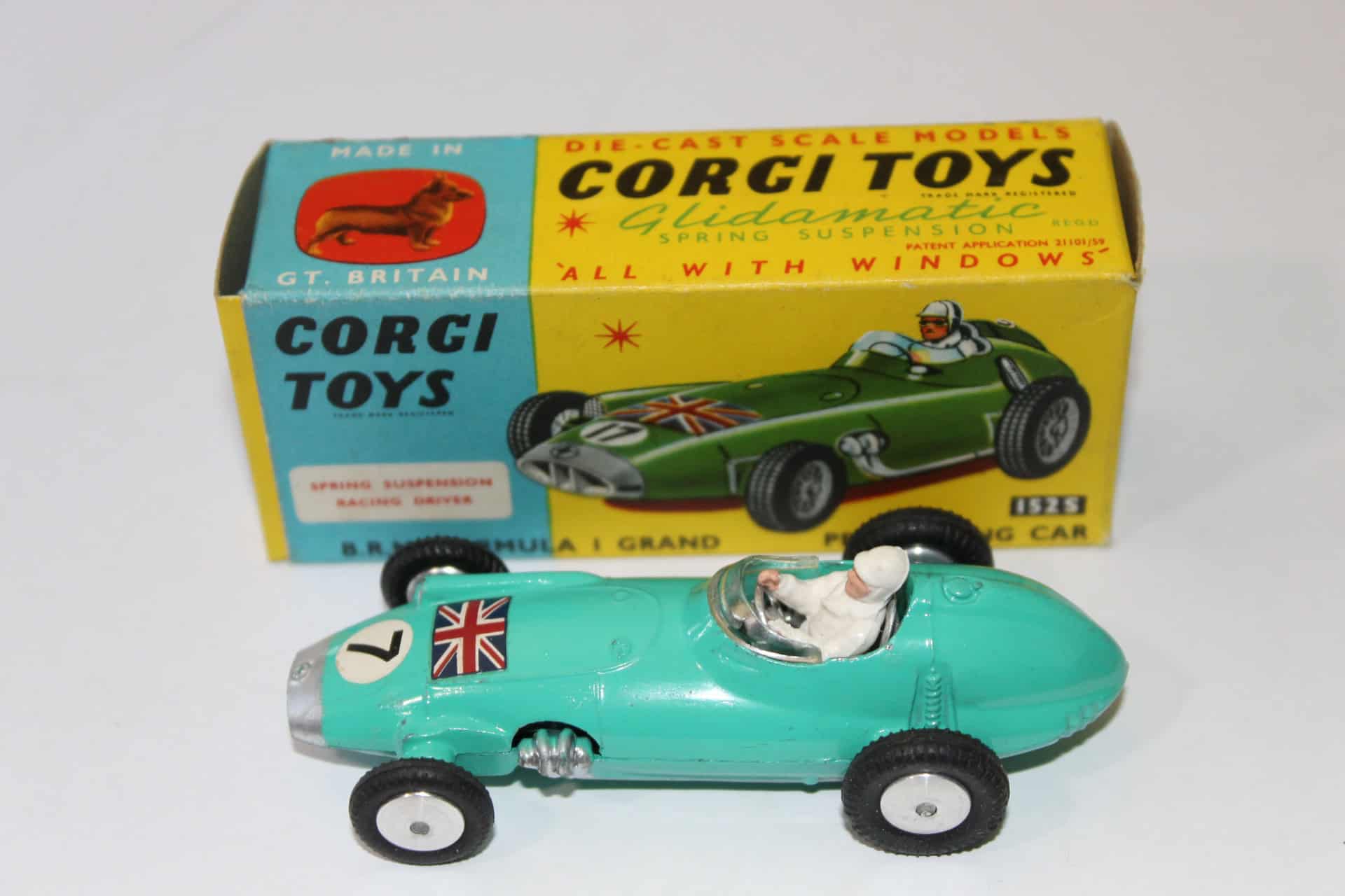 Corgi Toys 152S B.R.M. Formula 1 Grand Prix racing car diecast model with driver.