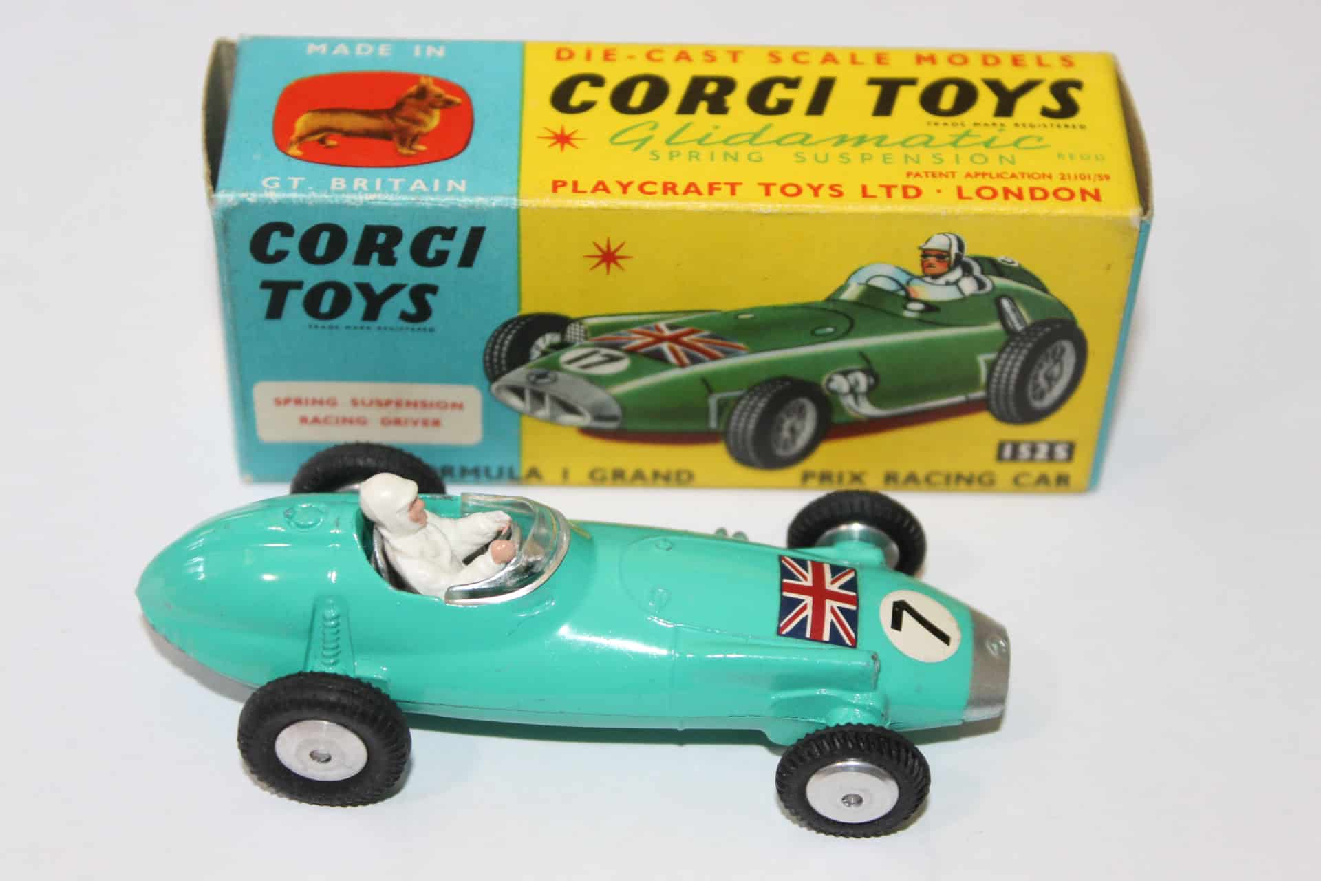Corgi Toys 152S B.R.M. Formula 1 model car with driver figure, vintage racing toy.