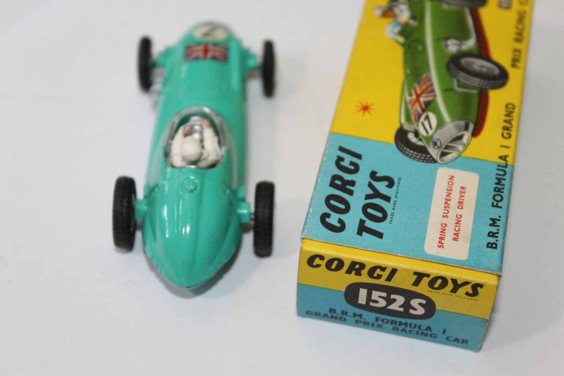 Detailed Corgi Toys 152S B.R.M. Formula 1 Grand Prix racing car with box.