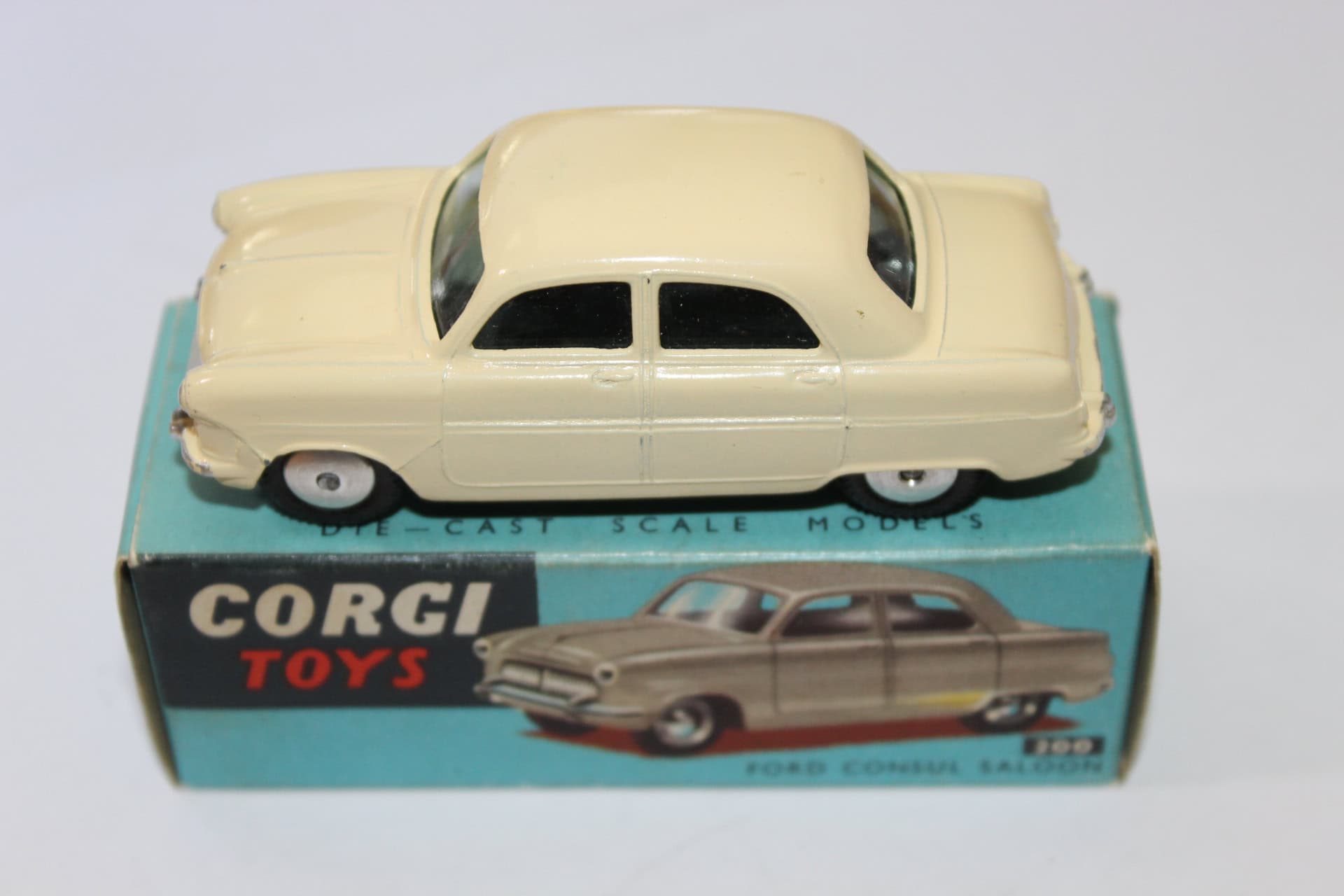 Vintage Corgi Toys 200 Ford Consul Saloon model car on its original box.