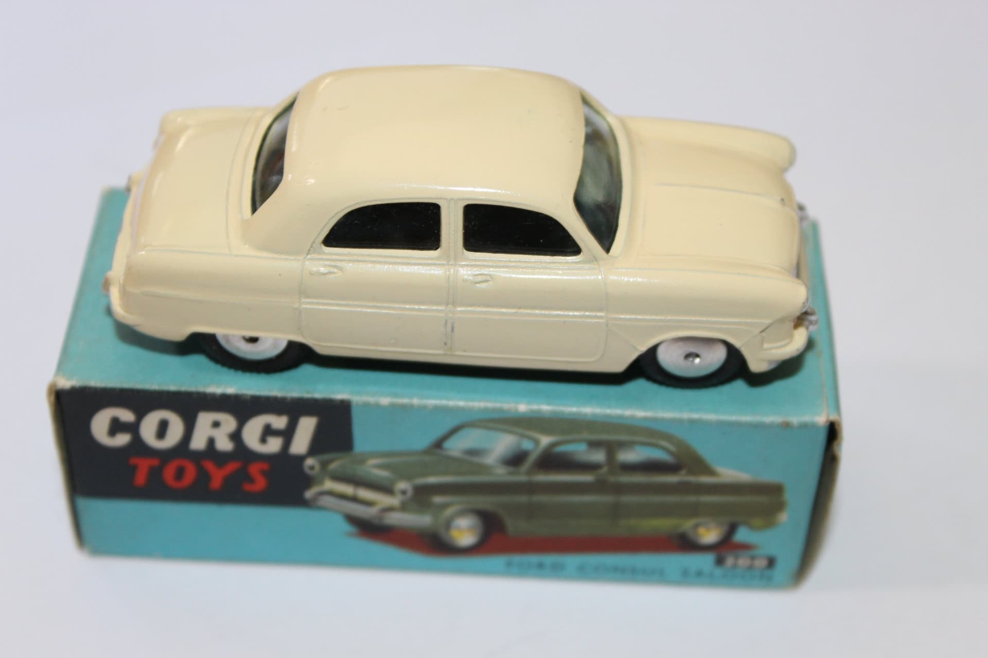 Vintage Corgi Toys 200 Ford Consul Saloon model car on its original box.