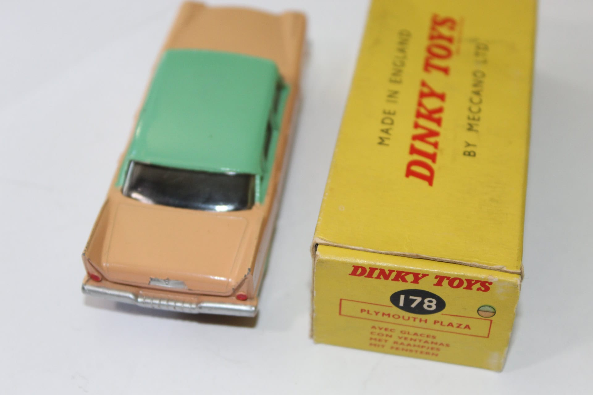 Vintage Dinky Toys 178 Plymouth Plaza model car with box, diecast collectible.