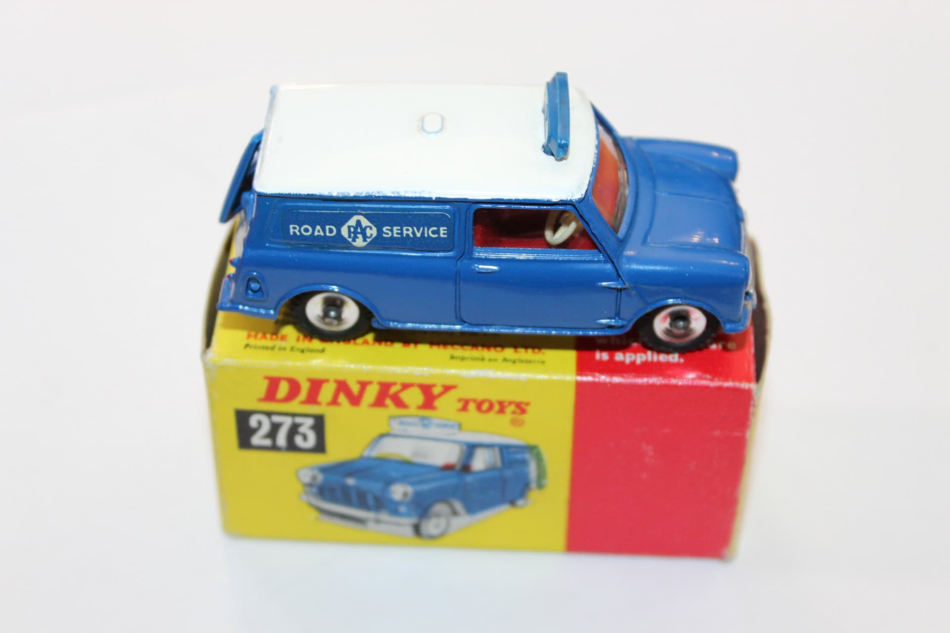 Dinky Toys 273 R.A.C. Patrol mini van model on original box, vintage diecast toy vehicle.