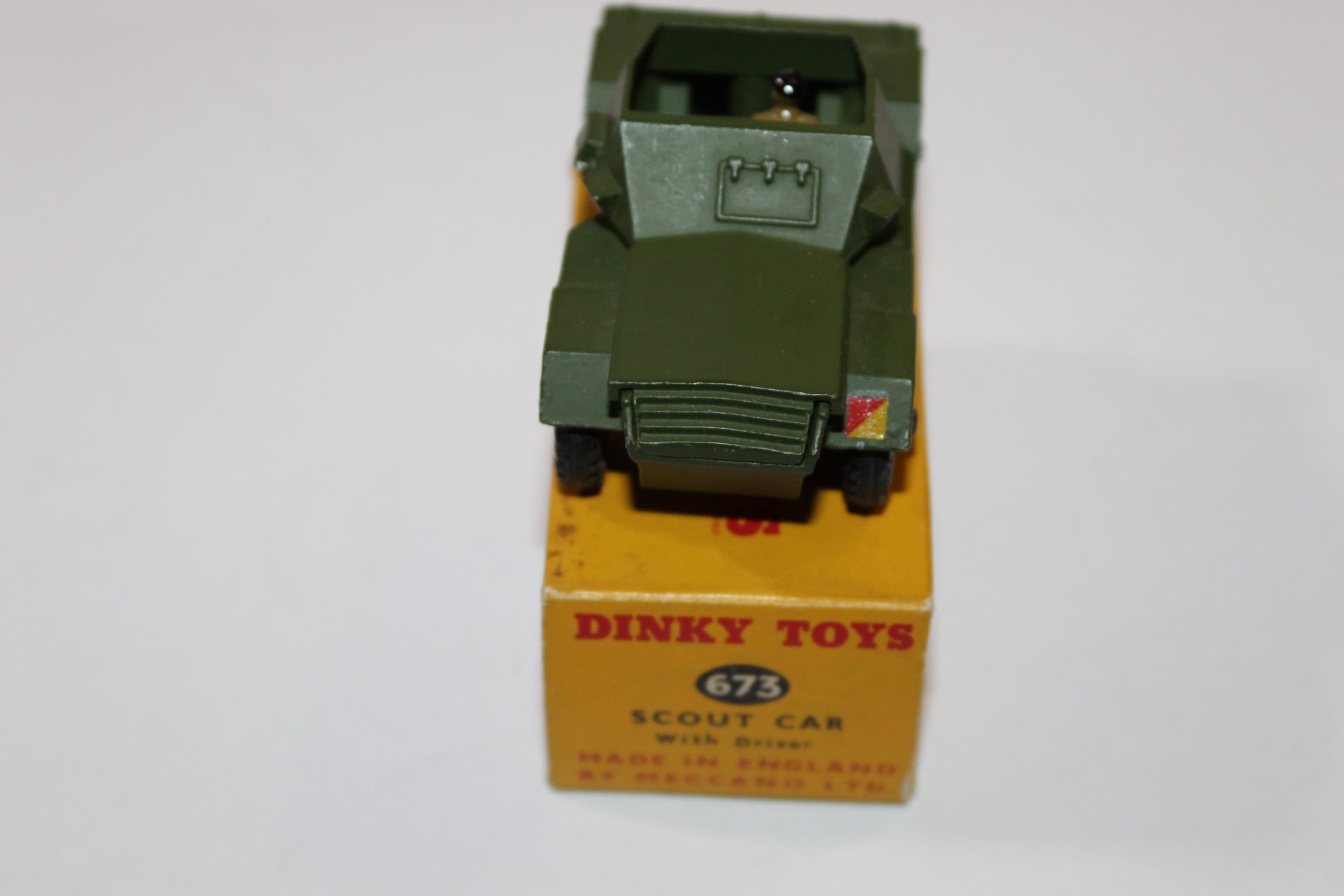 Dinky Toys 903 Scout Car diecast model with tailboard, vintage toy vehicle for collectors.