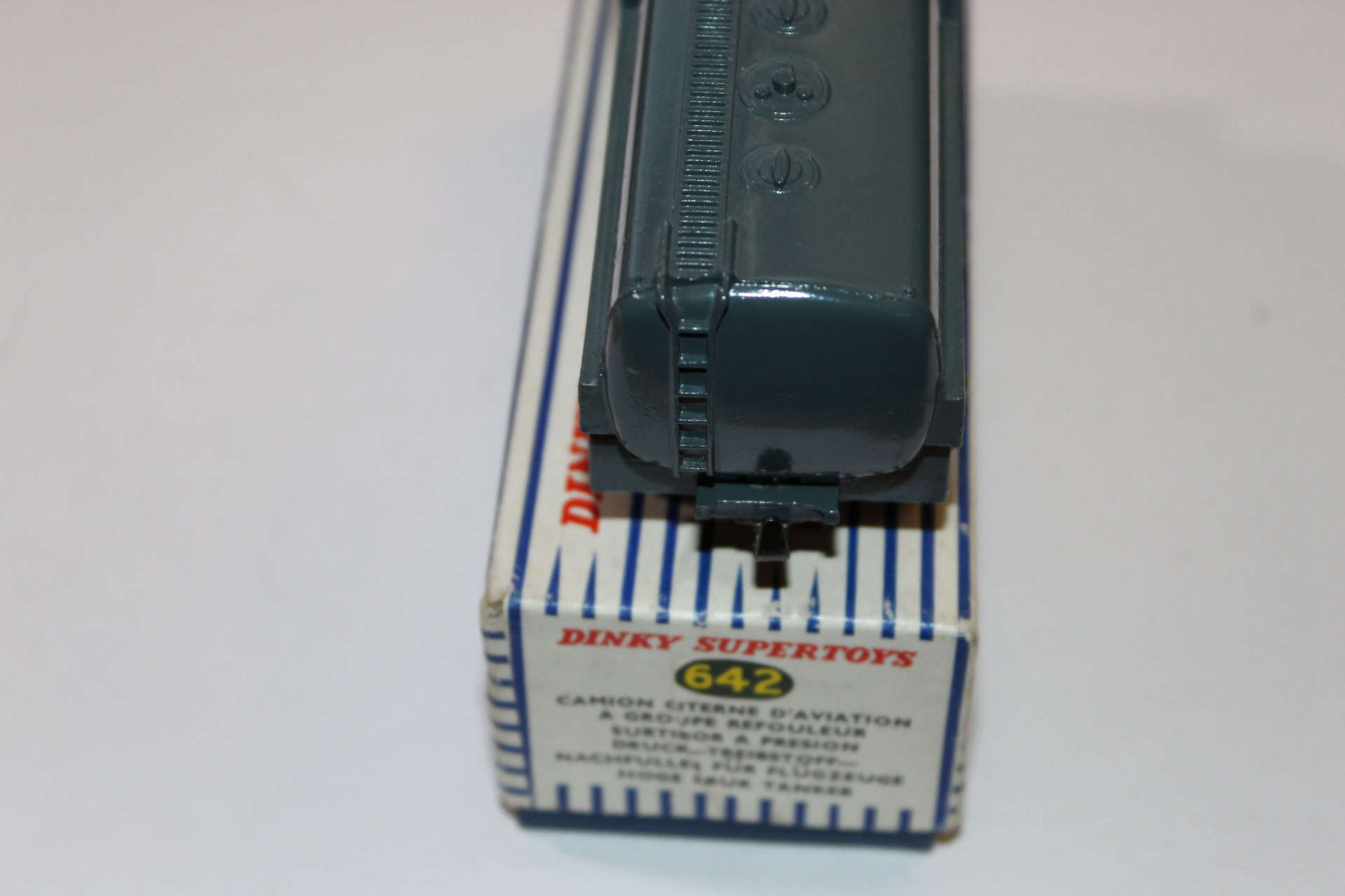 Dinky Toys 642 Pressure Refueler model on its original box, vintage diecast vehicle.