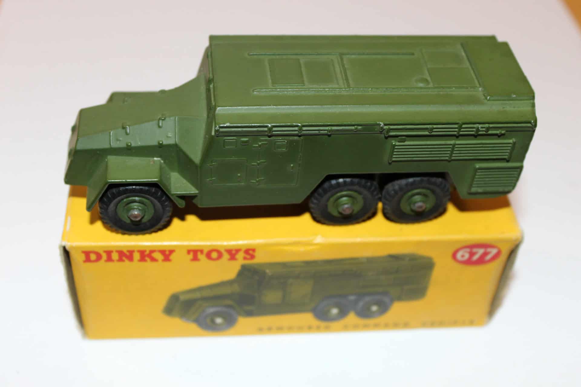 Dinky Toys 677 military armoured command vehicle in green, vintage diecast model for collectors.