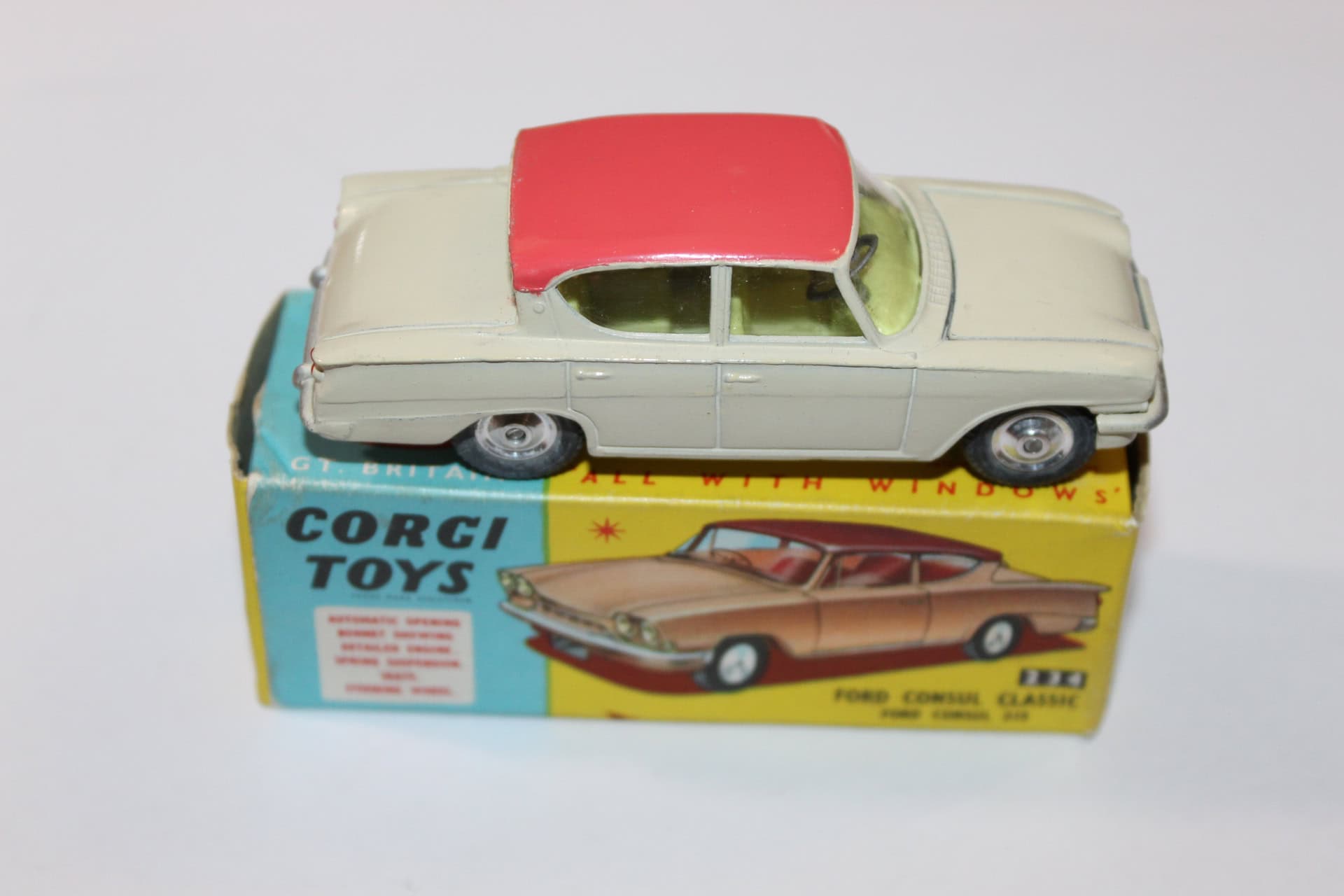 Vintage Corgi Toys 234 Ford Consul Classic diecast model on original box.