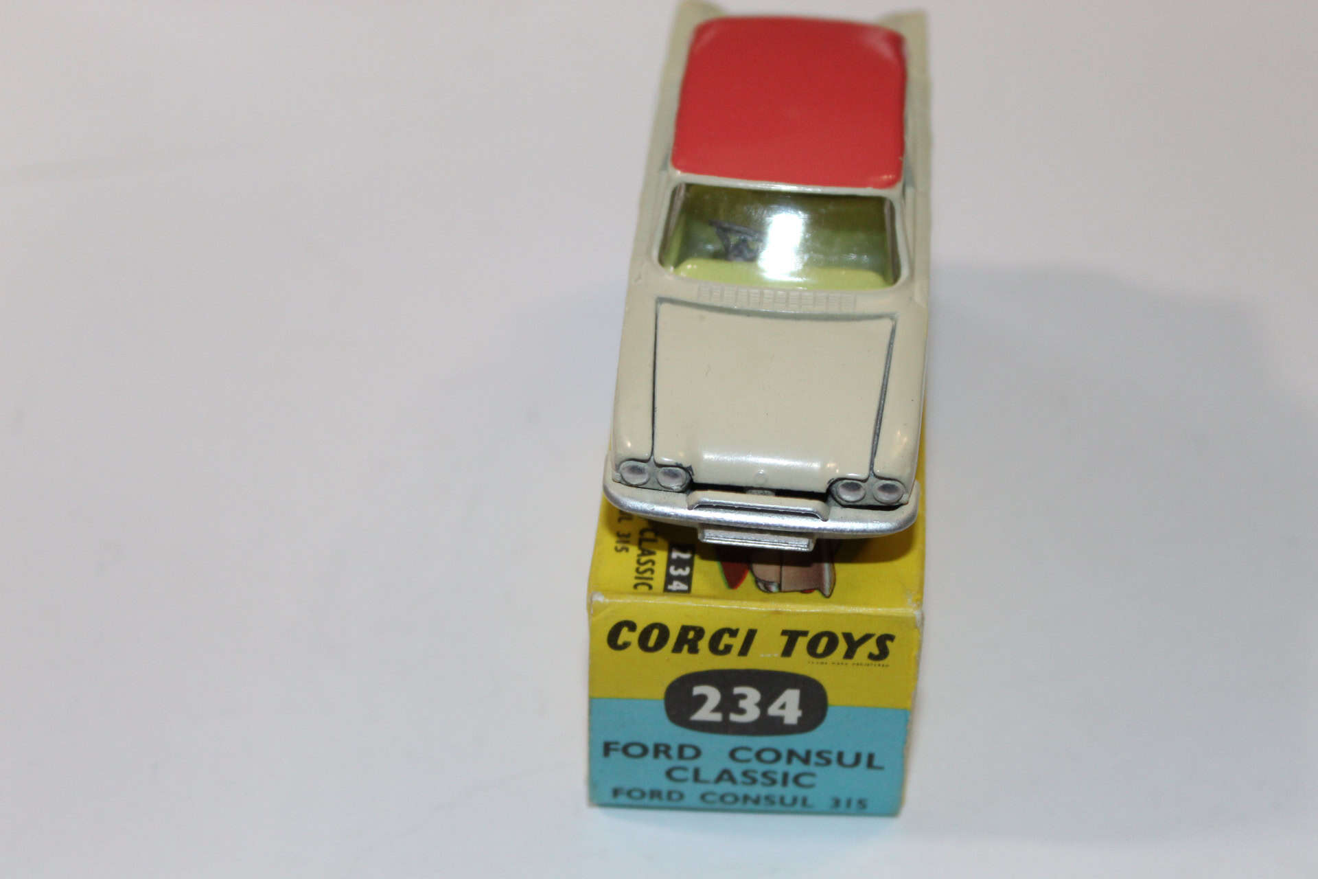 Vintage Corgi Toys 234 Ford Consul Classic model car on its original box, detailed miniature collect.