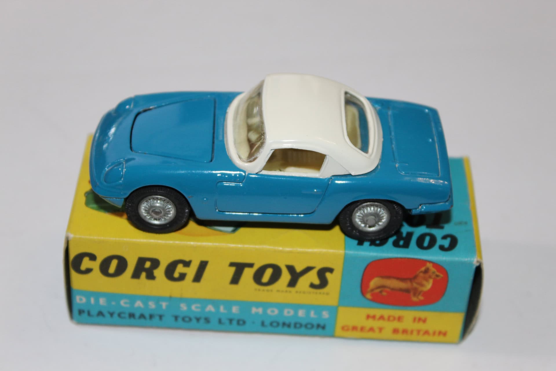 Corgi Toys 223 Chevrolet State Patrol diecast model car, blue and white, vintage collectible.