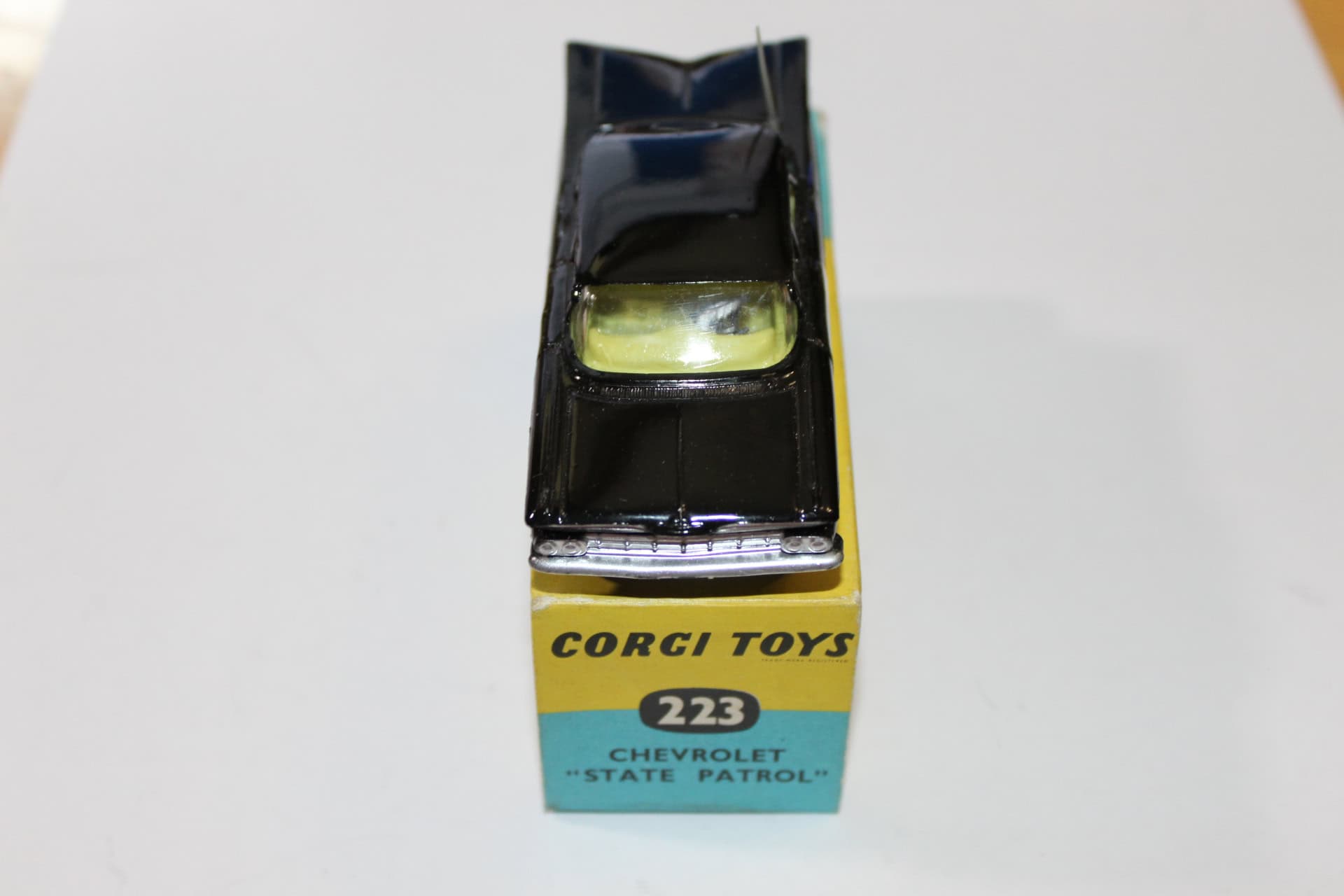 Corgi Toys 223 Chevrolet State Patrol diecast model car with police markings.
