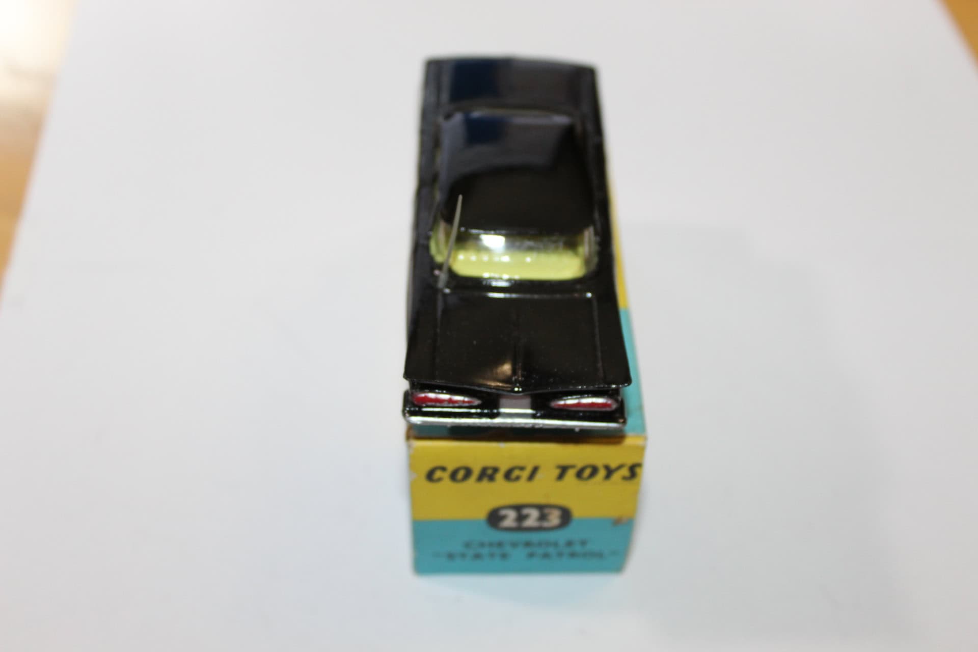 Vintage Corgi Toys 223 Chevrolet State Patrol diecast model car for collectors.