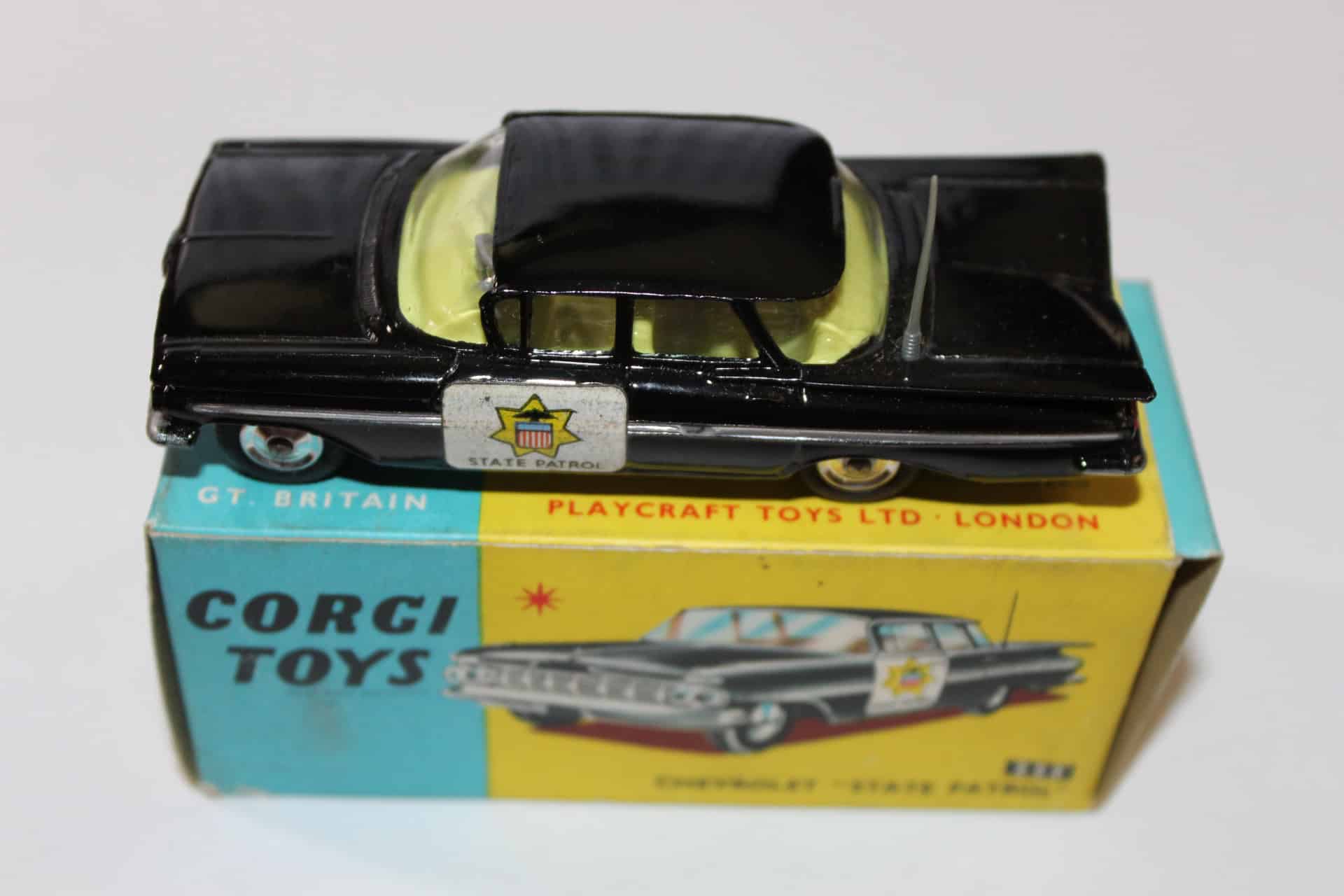 Vintage Corgi Toys 223 Chevrolet 'State Patrol' diecast model car for collectors.