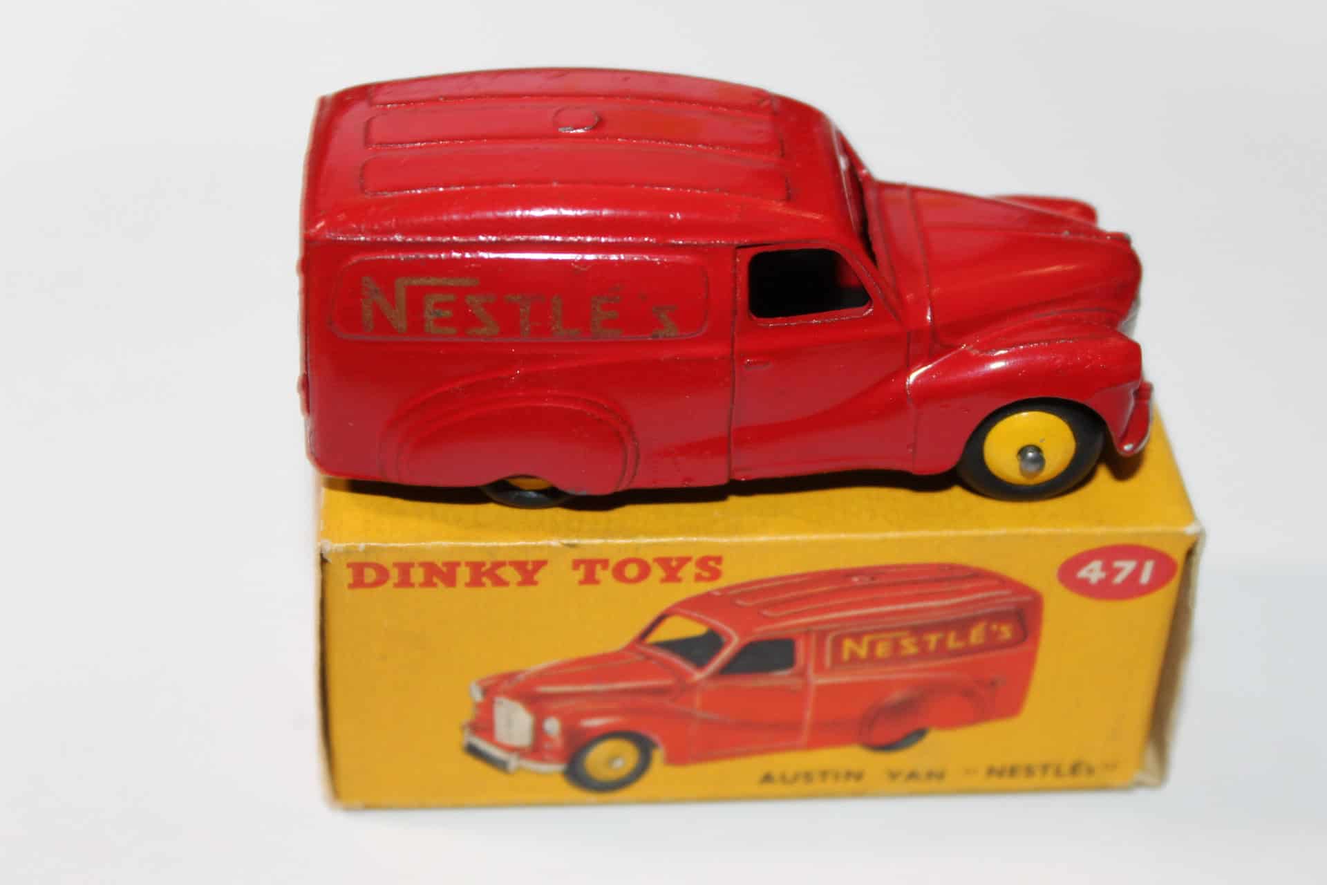 Vintage Dinky Toys 471 Austin Nestle's Van model on box.