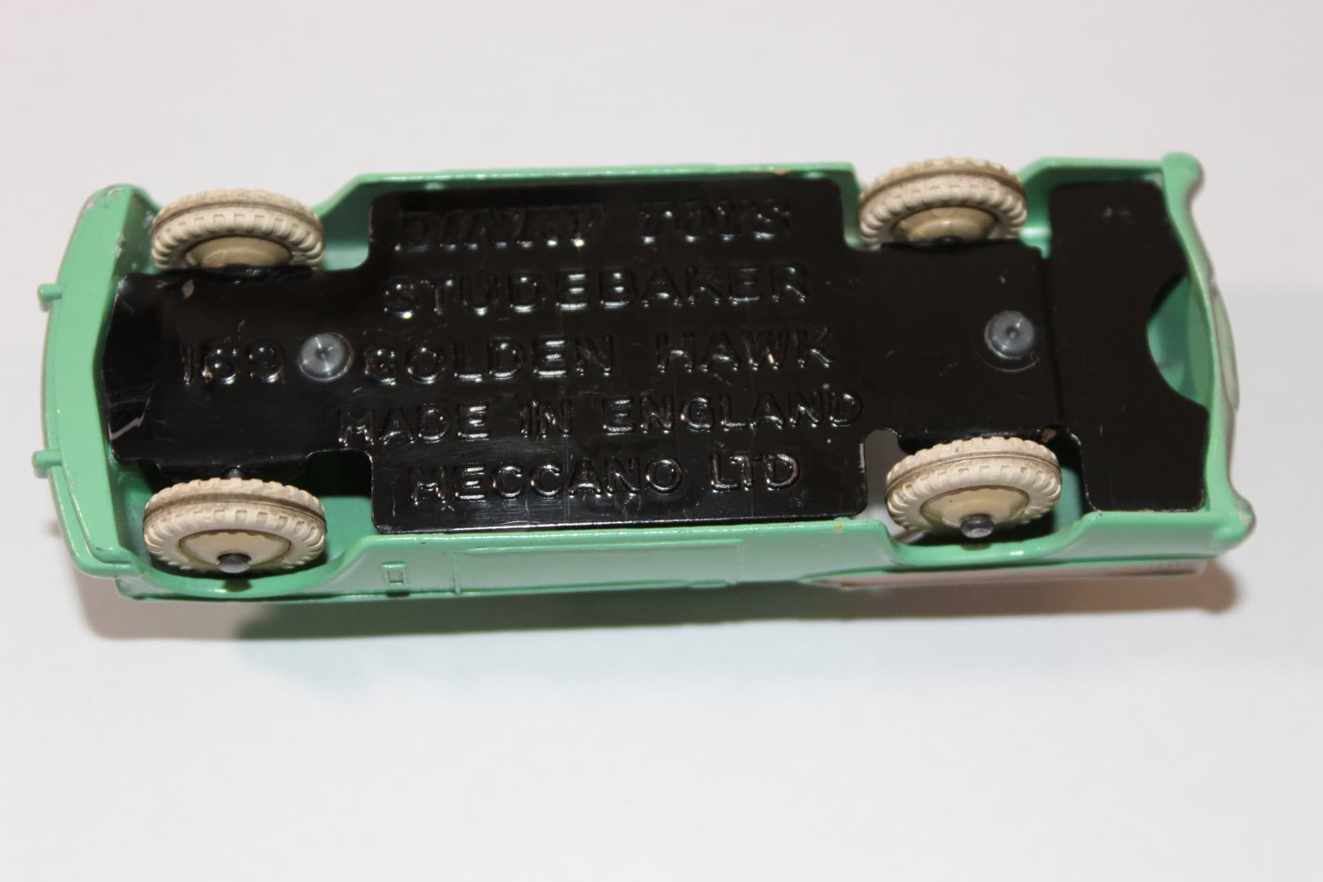 Vintage Corgi Land-Rover 477 breakdown truck diecast model, underside view.