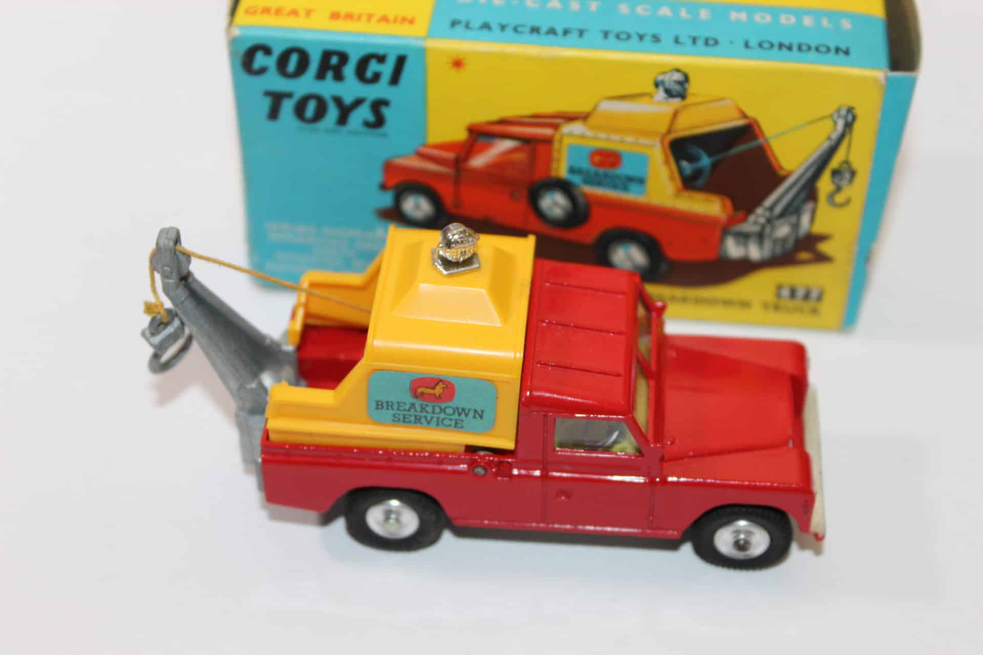 Vintage Corgi Toys 477 Land-Rover breakdown truck with towing hook and detailed design.