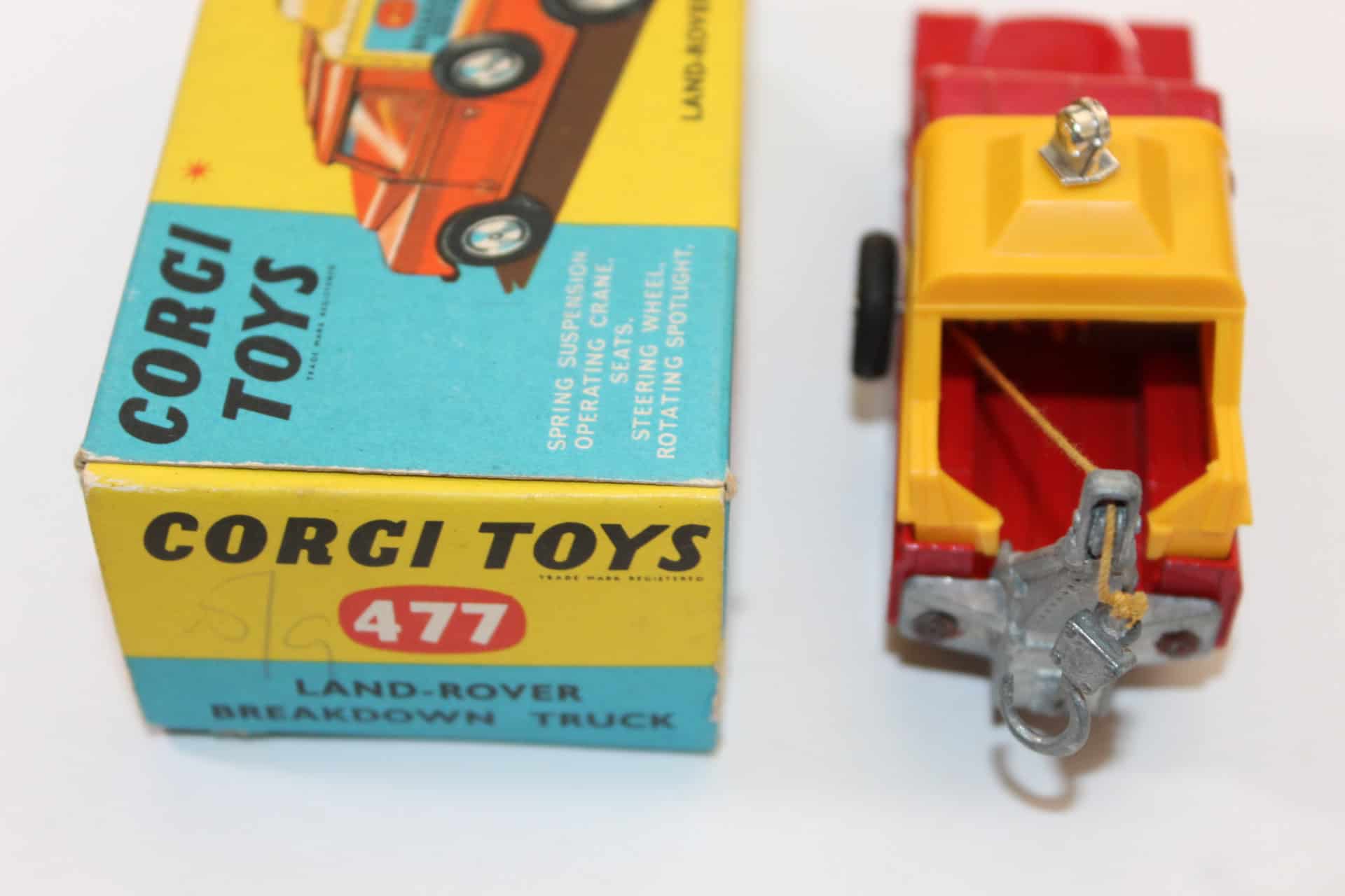 Vintage Corgi Toys 477 Land-Rover breakdown truck with removable cab and towing hook.
