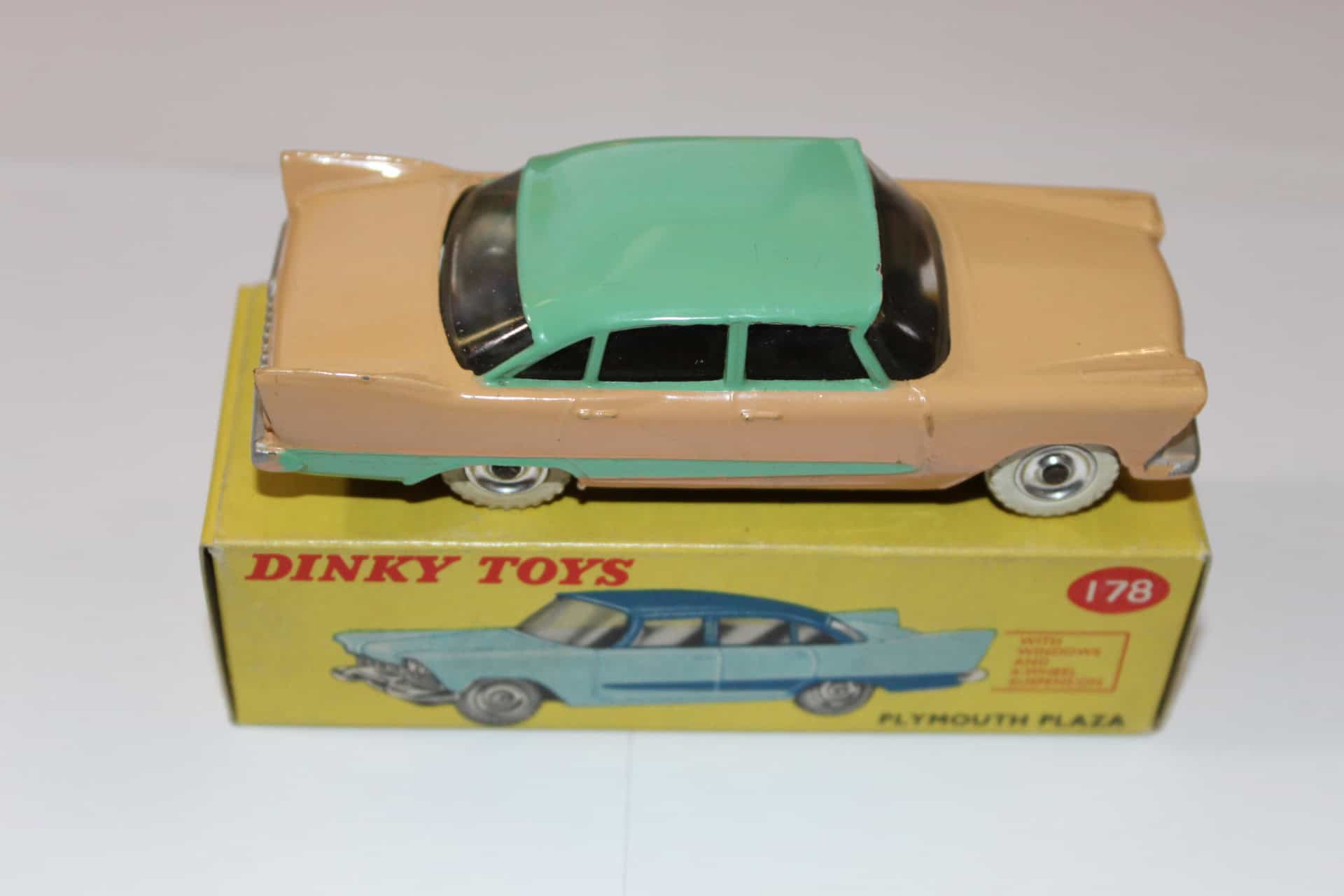 Vintage Dinky Toys 178 Plymouth Plaza diecast model car, collectible toy, yellow box.