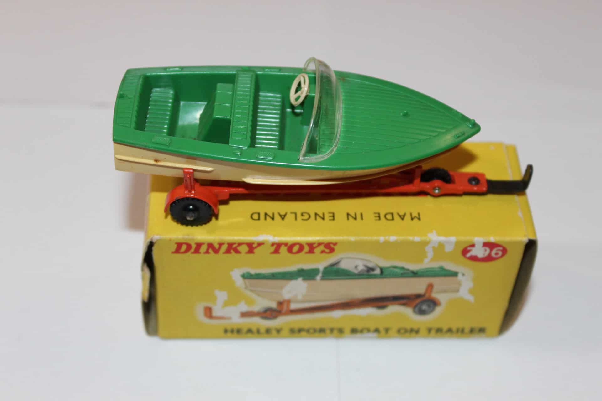 Vintage Dinky Toys Healey Sports Boat with Trailer, collectible diecast model.