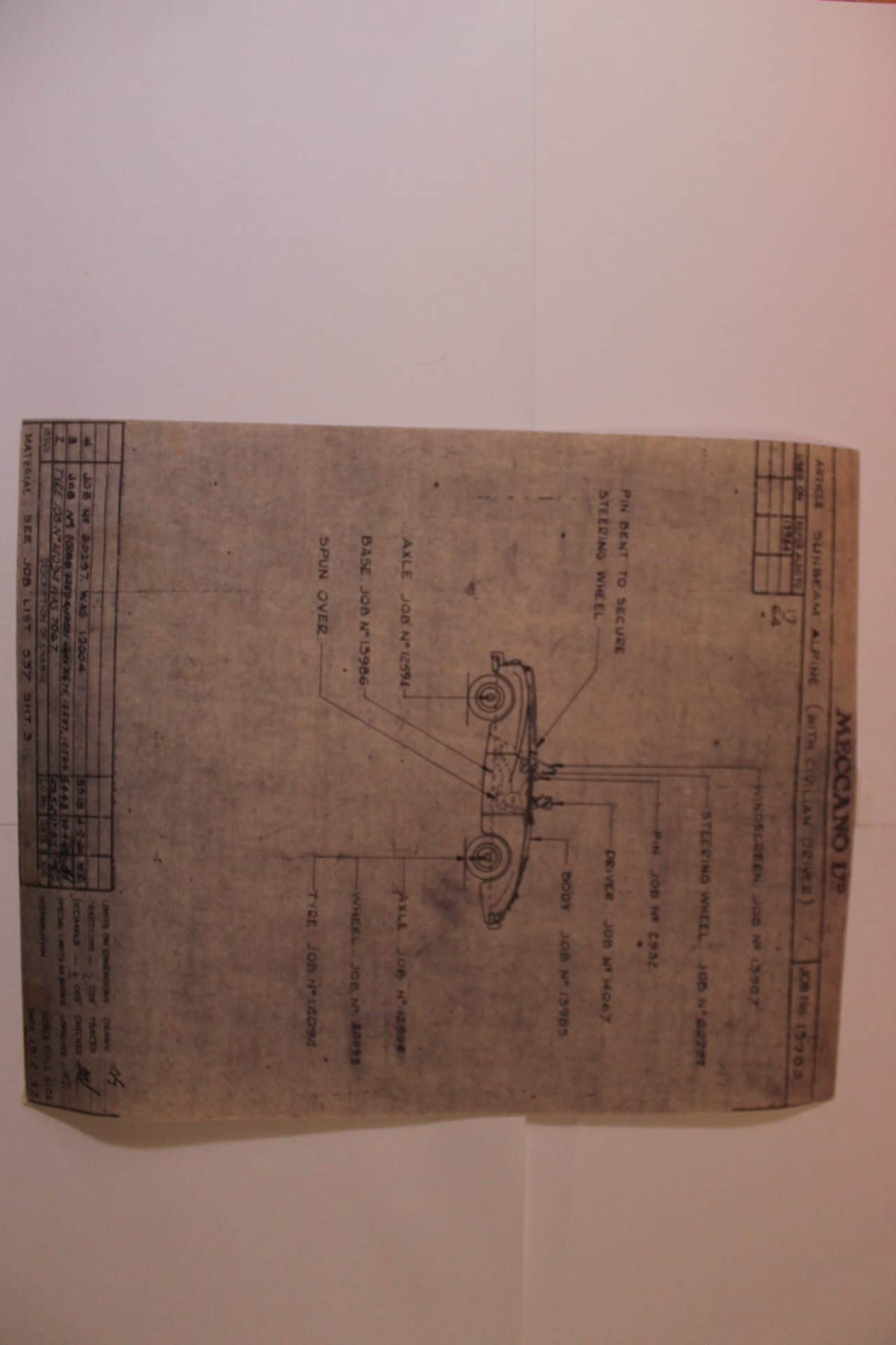 Vintage factory line drawing of a Dinky Toys Sunbeam Alpine model car, detailed schematic illustrati.