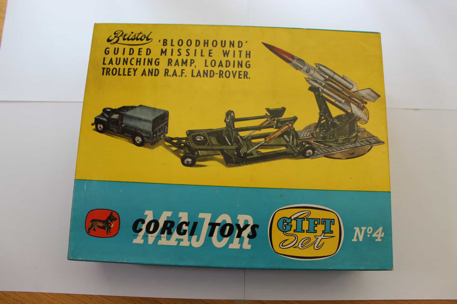 Vintage Corgi Toys gift set featuring Bristol 'Bloodhound' missile with launch ramp and accessories.