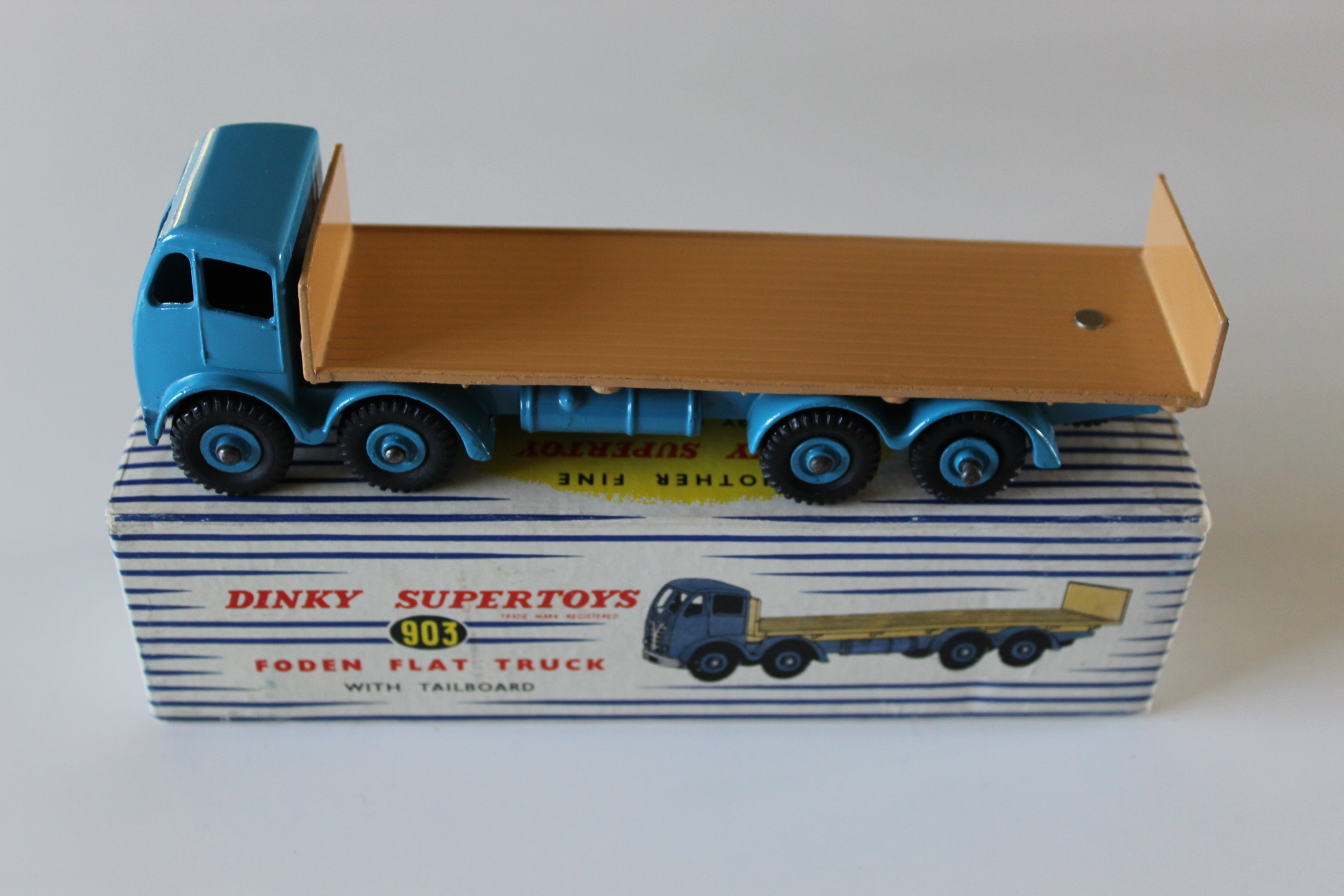 Vintage blue diecast flatbed truck toy for collectors and enthusiasts.